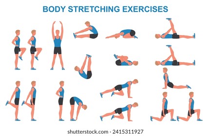 Body stretching exercise set. Cool down after workout. Banner with physical activity for muscle and ligament flexibility. Training and sport. Cartoon flat vector collection isolated on background