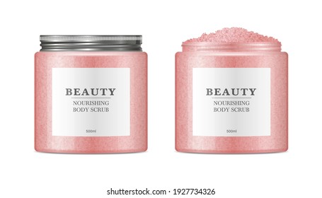 Body sugar scrub jar template. Realistic round container from transparent plastic with trendy metal aluminium cap. Skin care cosmetic product mockup isolated on white background.