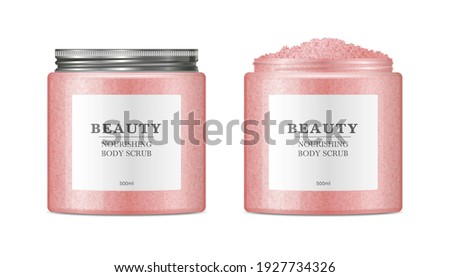 Body sugar scrub jar template. Realistic round container from transparent plastic with trendy metal aluminium cap. Skin care cosmetic product mockup isolated on white background.