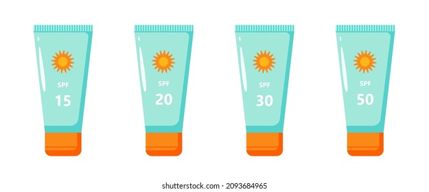 Body sunscreen in tube. Set Spf 15,20,30,50 cosmetics for tanning.