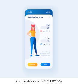 Body surface area calculation smartphone interface vector template. Mobile app page light design layout. Medical calculator screen. Flat UI for application. Patient parameters on phone display