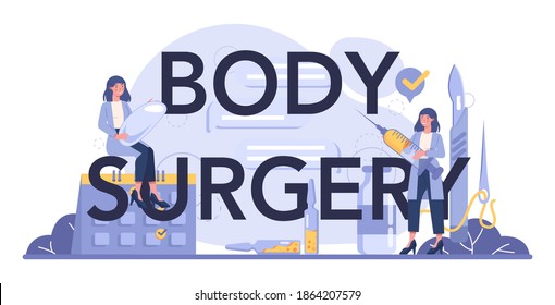 Cabecera tipográfica de cirugía corporal. Idea de corrección corporal. Cirugía de implante mamario y liposucción. Procedimiento de belleza moderno. Ilustración vectorial en estilo de caricatura