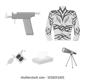 Body tattoo, piercing machine, napkins. Tattoo set collection icons in monochrome style vector symbol stock illustration web.