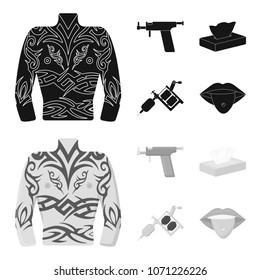 Body tattoo, piercing machine, napkins. Tattoo set collection icons in black,monochrom style vector symbol stock illustration web.