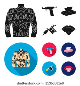 Body tattoo, piercing machine, napkins. Tattoo set collection icons in black, flat style vector symbol stock illustration web.