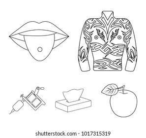 Body tattoos, piercings, napkins, tattoo machine. Tattoo set collection icons in outline style vector symbol stock illustration web.