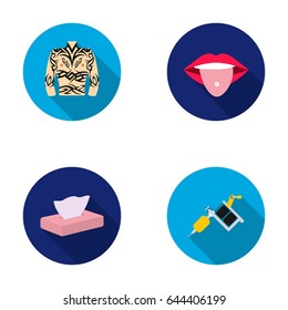 Body tattoos, piercings, napkins, tattoo machine. Tattoo set collection icons in flat style vector symbol stock illustration web.