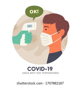 Body temperature check before entry. Non-contact thermometer. COVID-19. Coronavirus. Vector illustration