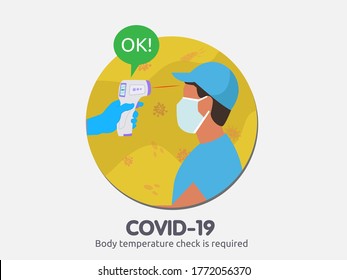 Körpertemperaturkontrolle vor dem Eintrag. berührungsloses Thermometer. COVID-19. Coronavirus. Einfache Flach-Illustration, die den Body Temperature Check Sign während Covid-19 Ausbruch und Quarantäne zeigt.