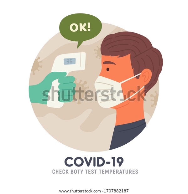 Body temperature check\
before entry. Non-contact thermometer. COVID-19. Coronavirus.\
Vector illustration