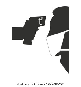 Body temperature check. Gun scanner digital thermometer or contactless infrared thermometer. Coronavirus and covid vector illustration. 

