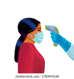 Body Temperature Check. Hand Holding Infrared Forehead Thermometer Before Face Of Young Woman. Initial Screening To Prevent Coronavirus Outbreak. Cartoon Vector Illustration.