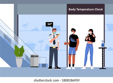Body temperature check illustration at shopping mall.