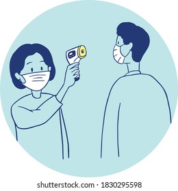 Körpertemperaturkontrolle. Infrarot Thermometer Forehead Body Surface Temperaturtest mit Sparen und normale Temperaturergebnisse. Vektorgrafik.