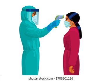 Body Temperature Check. Male Medic In Protective Suit Holding Infrared Forehead Thermometer Before Young Woman. Initial Screening To Prevent Coronavirus Outbreak. Cartoon Vector Illustration.
