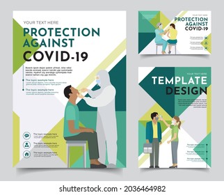 Body Temperature Check, Nasal swab test and Coronavirus vaccination. Vector Layout template with flat cartoon vector illustration, friendly doctor in face mask