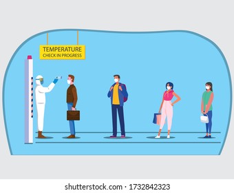 Body temperature Check in progress at office entrance vector background. Checking body temperatures in public areas and public entrance vector. People wearing face mask and waiting in queue 