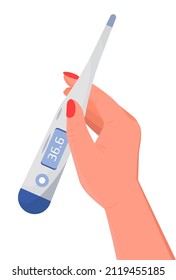 Body temperature check is required. Contact thermometer in hand. Fever, influenza diagnostic. Coronavirus prevention and control vector