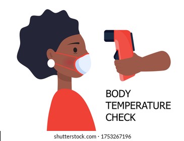 Body temperature check is required. Non-contact thermometer in hand. African woman is wearing mask on the face. Coronavirus prevention and control vector isolated on white background.