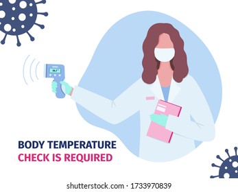 Anforderungen an die Körpertemperatur in öffentlichen Bereichen. Doktor, der ein medizinisches Infrarot-Thermomenter zum Aufspüren von Fieber besitzt. Konzept zur Prävention von Coronavirus und Virusinfektionen. Vector Illustration in flachem Stil.