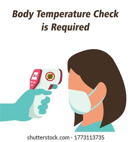 La comprobación de temperatura corporal utiliza un termómetro digital de escáner de armas o un termómetro infrarrojo sin contacto para detectar brotes de covid-19. Ilustración que muestra el icono de comprobación de temperatura corporal. vector en fondo blanco.
