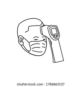 Bei der Körpertemperaturkontrolle wird das digitale Thermometer des Kanonenscanners oder das berührungslose Infrarot-Thermometer verwendet. Illustration mit dem Symbol für die Überprüfung der Körpertemperatur. Vektorgrafik auf weißem Hintergrund