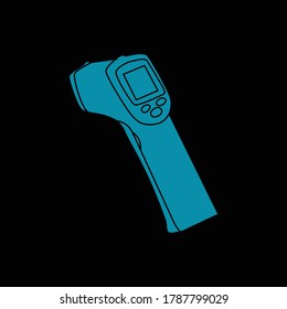 La comprobación de la temperatura corporal utiliza un termómetro digital de escáner de pistola o un termómetro infrarrojo sin contacto. Esquema y vector plano. Fondo azul