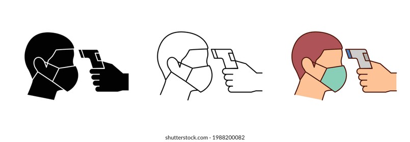 Bei der Körpertemperaturkontrolle wird das digitale Thermometer des Kanonenscanners oder das berührungslose Infrarot-Thermometer für den Covid-19-Ausbruch verwendet. Anderes Stilsymbol. Vektorgrafik einzeln auf weißem Hintergrund. EPS10