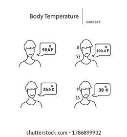 Body temperature icons set. Person reporting normal and elevated Celsius and Fahrenheit body temperature linear pictogram. Concept of corona virus sign and symptoms.Editable stroke vector illustration