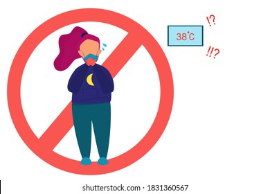 Body temperature measurement concept, young women with higher than normal body temperature.  People wearing masks.  Vector illustration character character cartoon flat style