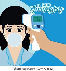 Body temperature measurement. Coronavirus prevention. Biosafety protocols poster - Vector