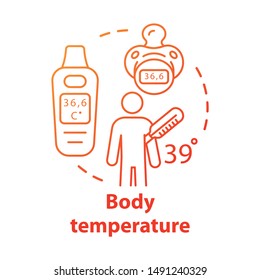 Body temperature measuring equipment concept icon. Patient having fever idea thin line illustration. Electronic thermometer for kids. Vector isolated outline drawing. Editable stroke