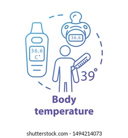 Body temperature measuring gadgets concept icon. Patient having fever idea thin line illustration. Electronic thermometer pacifier for kids. Vector isolated outline drawing. Editable stroke