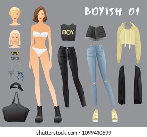 Body Template with Outfits and Accessories for Boyish Look : Vector Illustration