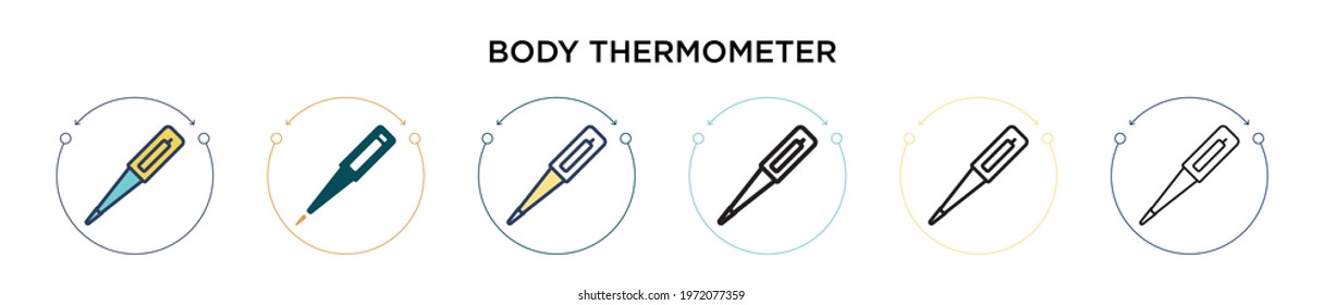 Body thermometer icon in filled, thin line, outline and stroke style. Vector illustration of two colored and black body thermometer vector icons designs can be used for mobile, ui, web