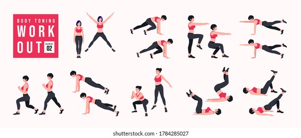 Body Toning Workout Set. Women doing fitness and yoga exercises. Lunges, Pushups, Squats, Dumbbell rows, Burpees, Side planks, Situps, Glute bridge, Leg Raise, Russian Twist, Side Crunch .etc