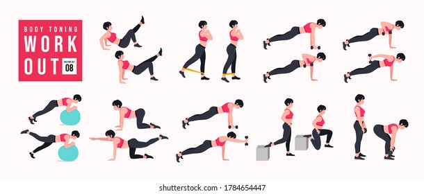 Body Toning Workout Set. Women doing fitness and yoga exercises. Lunges, Pushups, Squats, Dumbbell rows, Burpees, Side planks, Situps, Glute bridge, Leg Raise, Russian Twist, Side Crunch .etc
