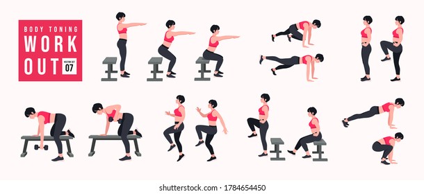 Body Toning Workout Set. Women doing fitness and yoga exercises. Lunges, Pushups, Squats, Dumbbell rows, Burpees, Side planks, Situps, Glute bridge, Leg Raise, Russian Twist, Side Crunch .etc