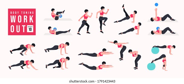 Body Toning Workout Set. Women doing fitness and yoga exercises. Lunges, Pushups, Squats, Dumbbell rows, Burpees, Side planks, Situps, Glute bridge, Leg Raise, Russian Twist, Side Crunch .etc