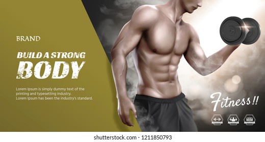 Body training course banner ads with hunky man doing weight lifting