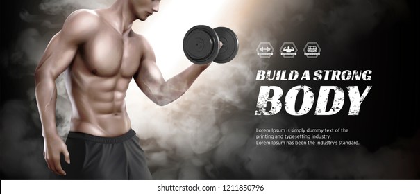 Body training course banner ads with hunky man doing weight lifting