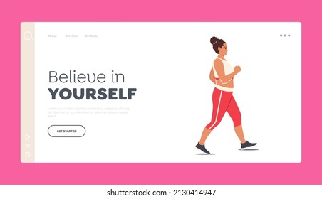 Body Transformation Landing Page Template. Fatty Female Character Weight Loss, Woman Healthy Life, Slimming, Walking or Jogging. Sports Activity, Running Exercises. Cartoon People Vector Illustration