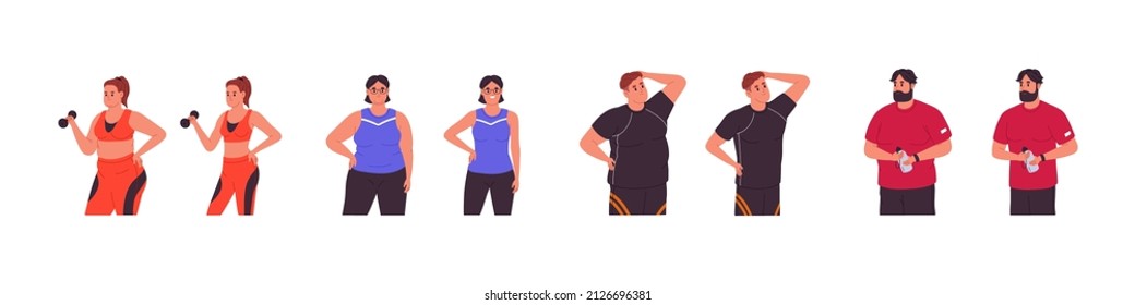 Body transformation and weight loss concept. People figures before and after fitness. Full obese and slim men and women changing, losing belly. Flat vector illustration isolated on white background