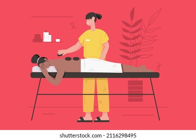Body treatment in spa salon modern flat concept. Woman enjoys back massage while lying on couch. Masseuse massaging client with hot stones. Vector illustration with people scene for web banner design