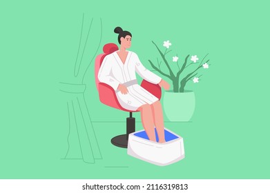 Body treatment in spa salon modern flat concept. Woman in bathrobe enjoys foot bath. Client receives skin care procedure before pedicure. Vector illustration with people scene for web banner design