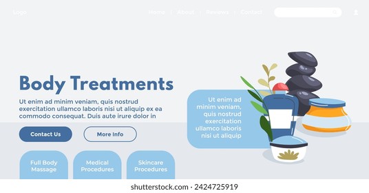 Body treatments, spa and beauty salon procedures for self care and wellbeing. Massage and skincare, medical help and advice. Website landing page template, internet site, vector in flat style
