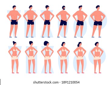 Body types. Woman shapes, men bodies silhouettes. Fashion icons, different girls boys in underwear, flat slim fat utter vector characters