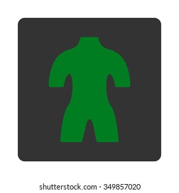 Body vector icon. Style is flat rounded square button, green and gray colors, white background.