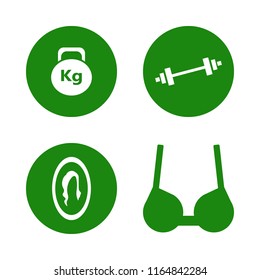 body vector icons set. with brassiere, weight, dumbbell and female mirror in set