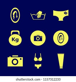 body vector icons set. with camera, panties rose, weight and woman underwear in set